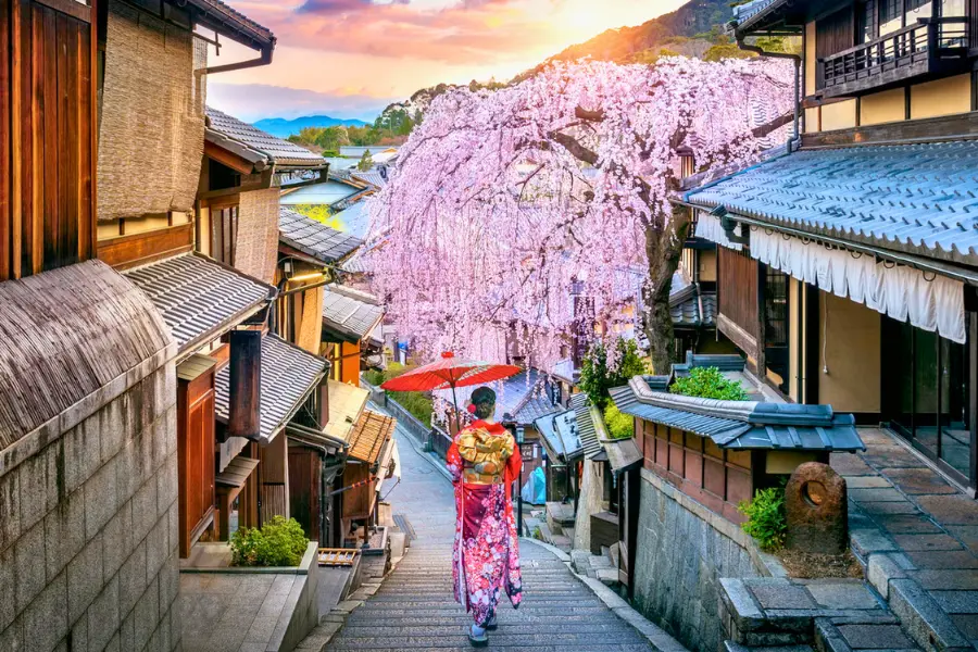 Woman in Kimono walking through streets of Japan