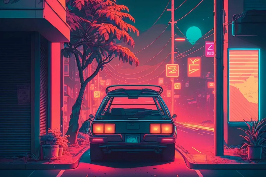 An animated parked car in a neon-lit street