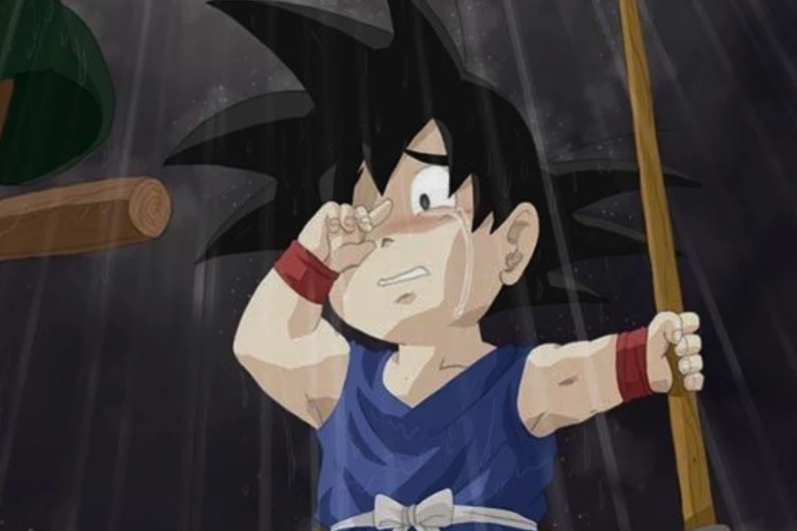 Kid Goku crying in the rain