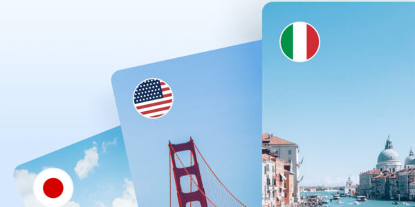 Saily eSIM cards carrying Japanese, American and Italian flags set against travel destination photography