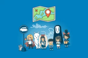 Studio Ghibli Characters standing in front of a map showing Studio Ghibli Locations in Japan