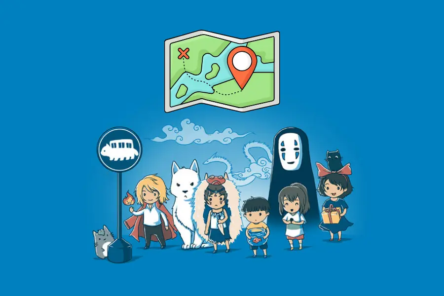 Studio Ghibli Characters standing in front of a map showing Studio Ghibli Locations in Japan