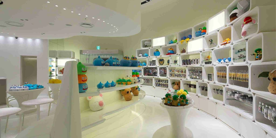 A bunch of merchandise in the Square Enix store