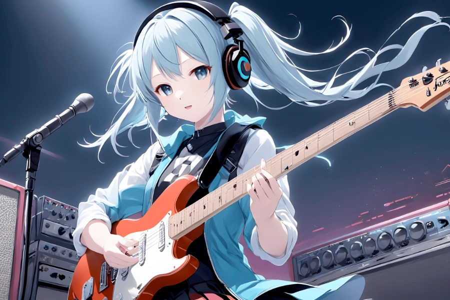 Anime girl wearing headphones playing an electric guitar