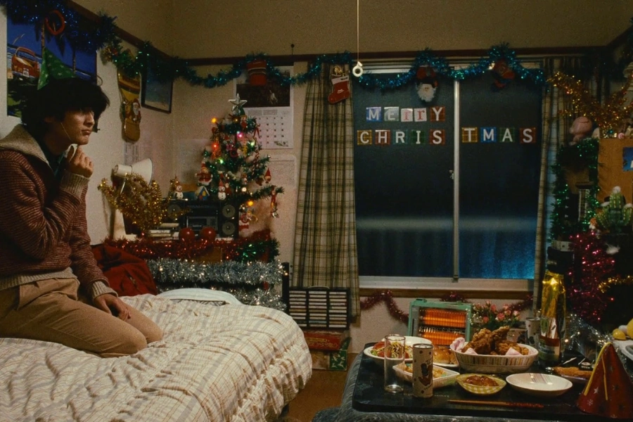 cozy japanese christmas room with decorations tree and festive meal reflecting kurisu masu celebration with romantic and modern japanese holiday atmosphere.