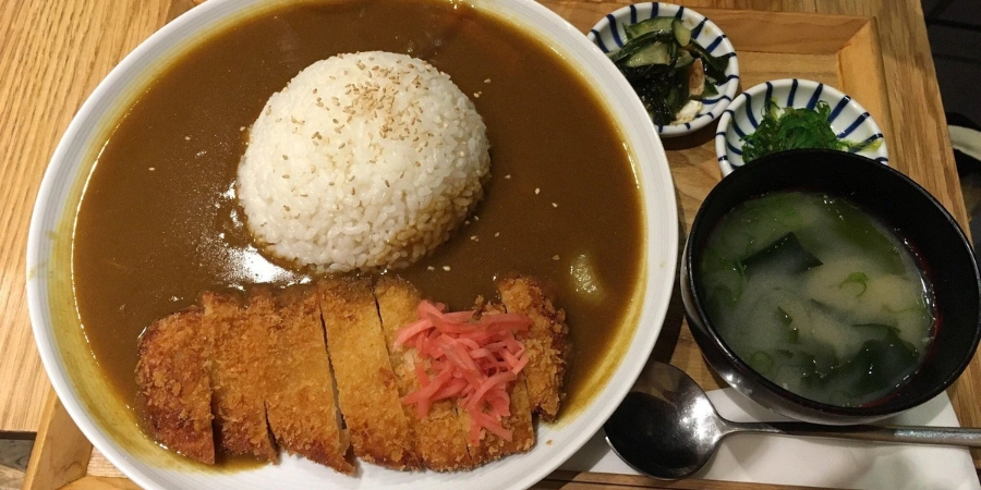 Japanese curry with miso soup and other side dishes