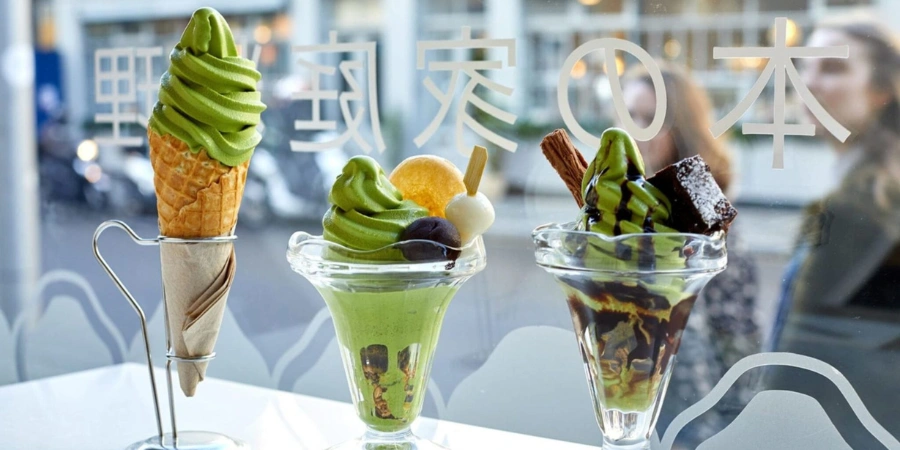 Tombo Cafe Matcha flavoured ice cream desserts displayed at the window front