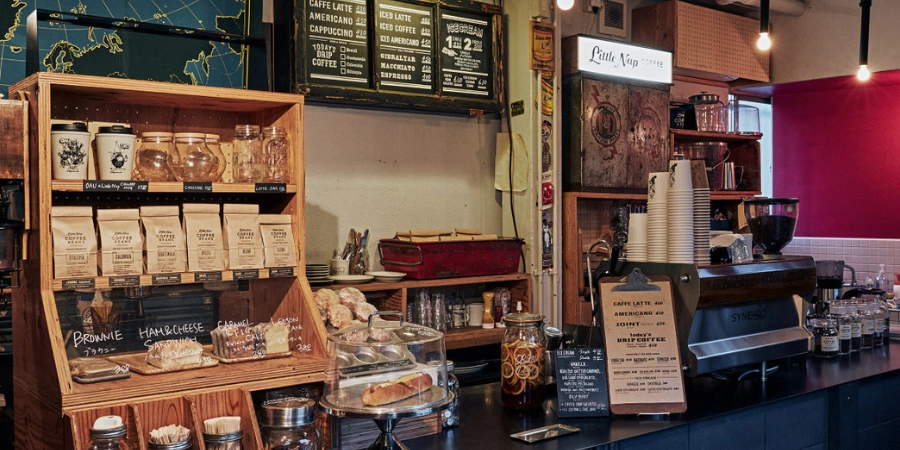 Counter, menu, and coffee maker area in Little Nap COFFEE STAND in Japan