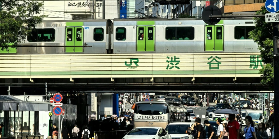Green train at Shibuya Station
