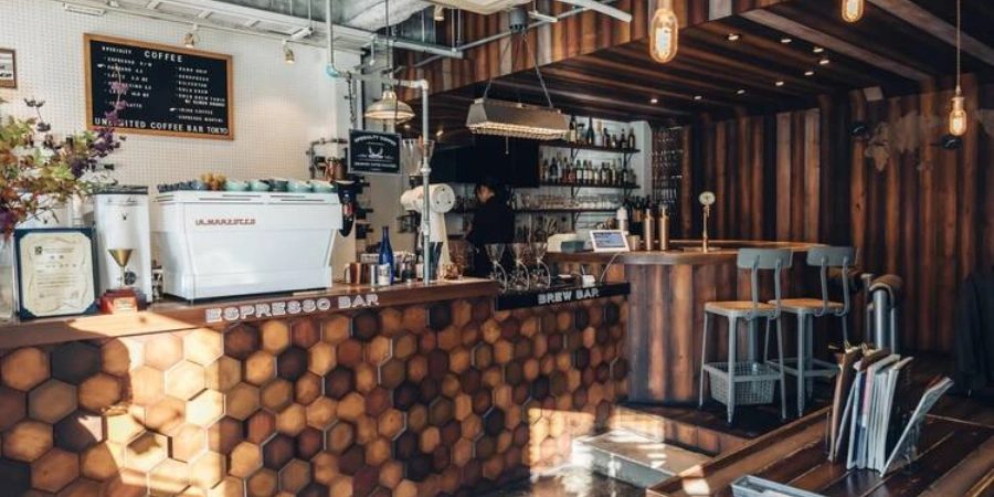Modern cafe in Japan with wooden interior