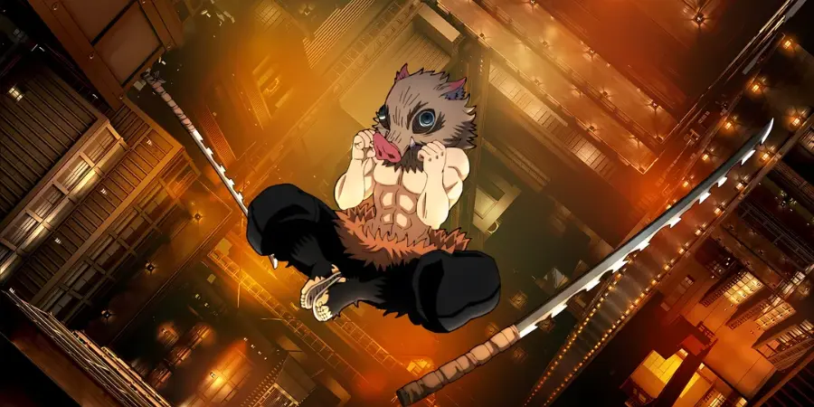 Inosuke falling into the Infinity Castle from Demon Slayer Anime Movie