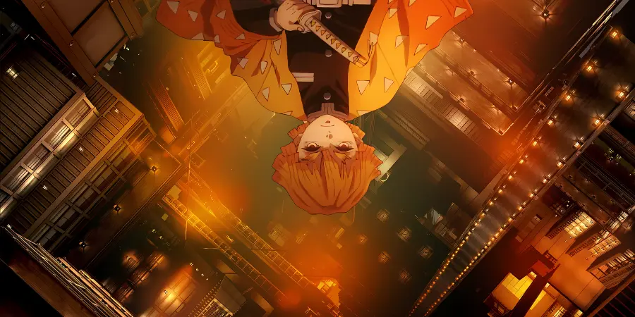 Zenitsu falling into the Infinity Castle from Demon Slayer Anime Movie