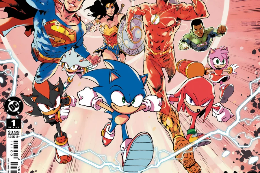 Justice League x Sonic crossover comic book cover