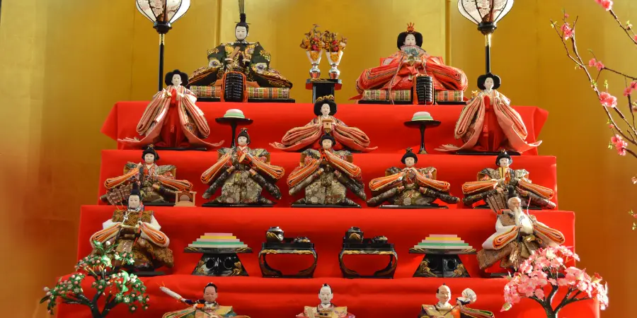 Traditional Japanese dolls on platforms to celebrate Hinamatsuri