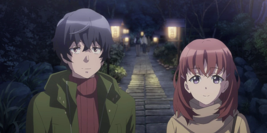 High school boy and girl walking along a lantern-lit path at night, calm romantic anime scene from Just Because featuring quiet suburban atmosphere and soft lighting.
