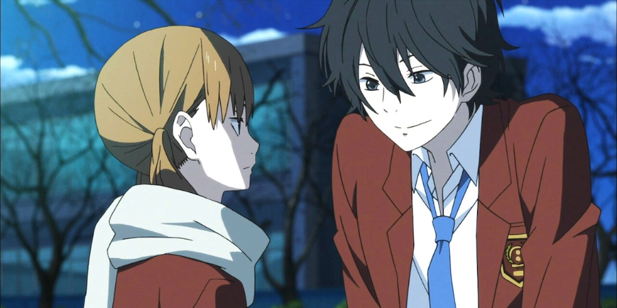 Haru and Shizuku talking outdoors in school uniforms, romantic comedy anime scene from My Little Monster with playful interaction and youthful energy.