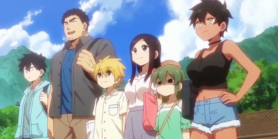 Group of coworkers standing together outdoors in My Senpai is Annoying, workplace anime featuring office relationships, humor, and supportive team dynamics.