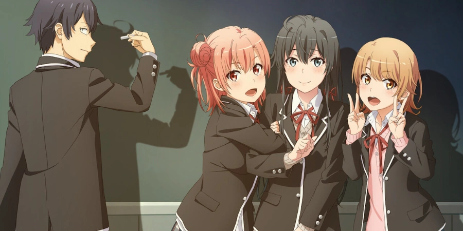 Hachiman, Yukino, and Yui with classmates in a classroom setting, slice-of-life anime scene from My Teen Romantic Comedy SNAFU featuring school club dynamics and character interactions.