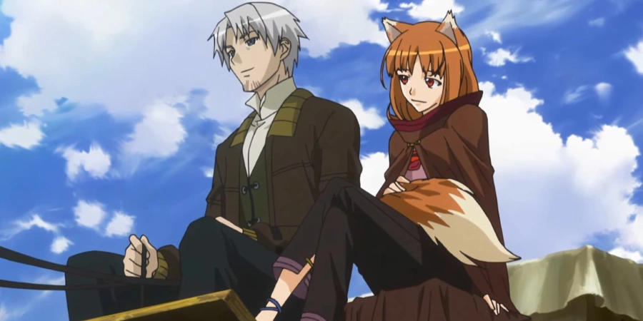 Holo and Kraft Lawrence riding in a merchant cart, fantasy anime scene from Spice and Wolf featuring medieval setting, traveling merchants, and wolf deity companion.