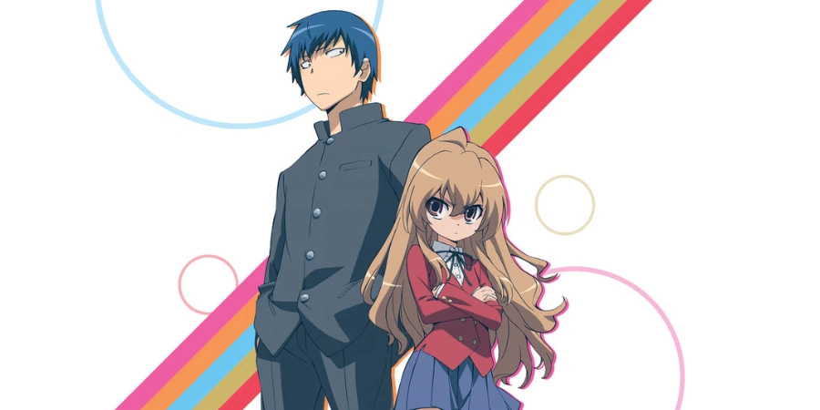 Taiga and Ryuuji standing back-to-back with colorful background, promotional anime art from Toradora featuring tsundere romance and high school setting.