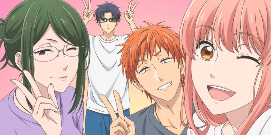 Narumi and Hirotaka posing together with playful expressions, anime scene from Wotakoi showcasing otaku romance and office life comedy.