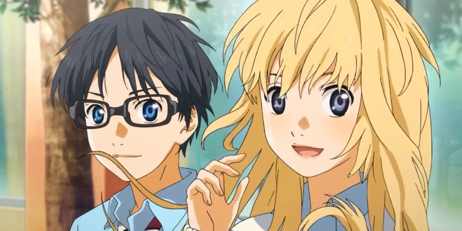 Kaori and Kousei smiling outdoors with soft spring colors, emotional anime scene from Your Lie in April featuring music, youth, and romantic drama.