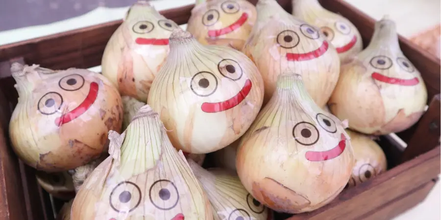Onions painted to look like Dragon Quest slimes 