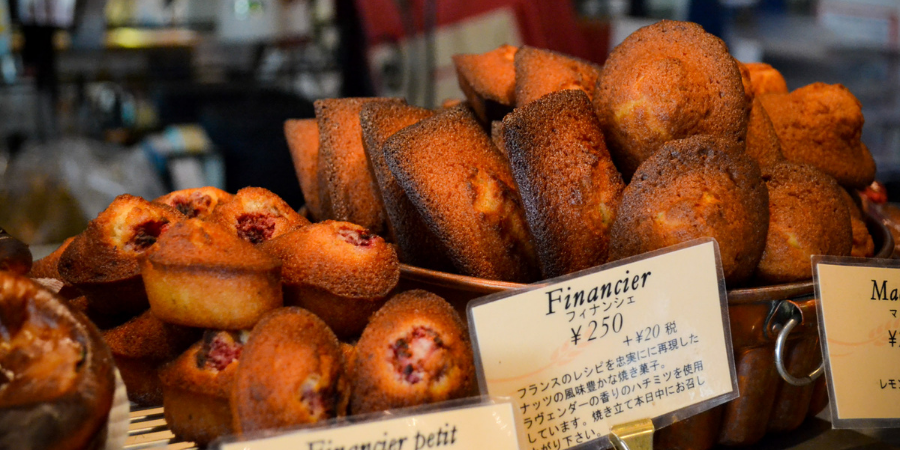 Financier pastries displayed in the bakery