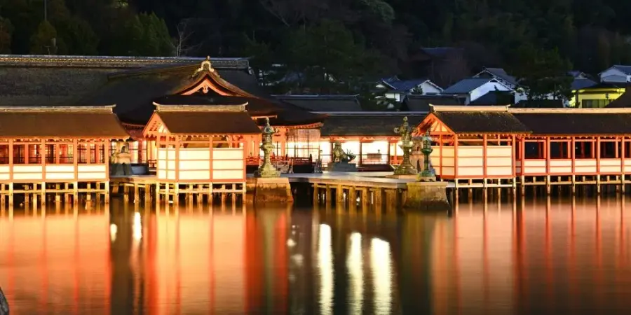 Traditional japanese structures floating on water in Miyajima Island