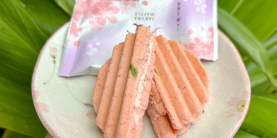 A pink and white plate holds a crispy waffle biscuit that has white cream in between the two waffle biscuits. The biscuits have a peachy pink color.