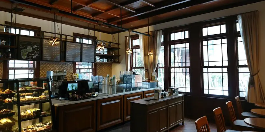 Vintage-looking interior of the Starbucks store in Hirosaki Park