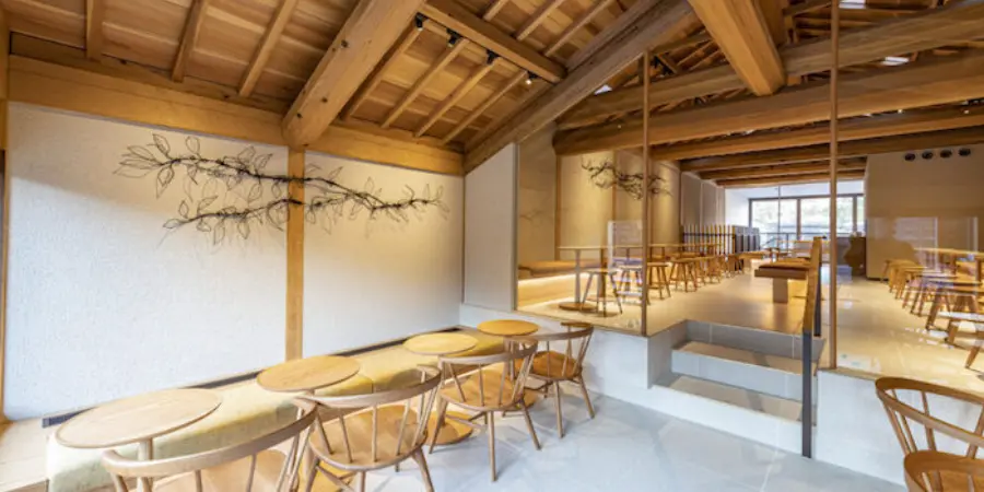 Minimalist wooden interior of a Starbucks store in Japan