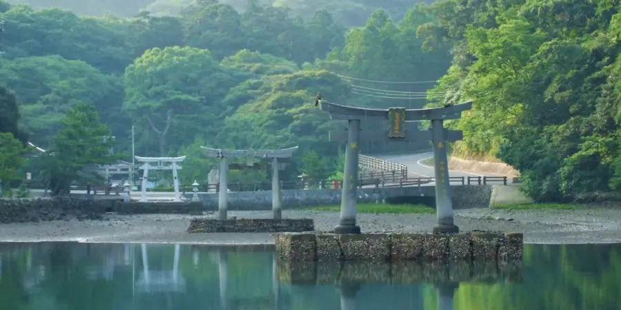 Torii gates of the Watatsumi Shrine in Tsushima Island during foggy weather