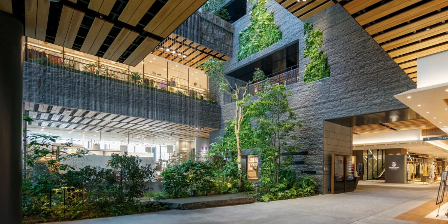 Plants and modern interior design of JR Kumamoto Station Building