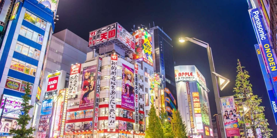 Bright lights with pictures of girls and women in Akihabara