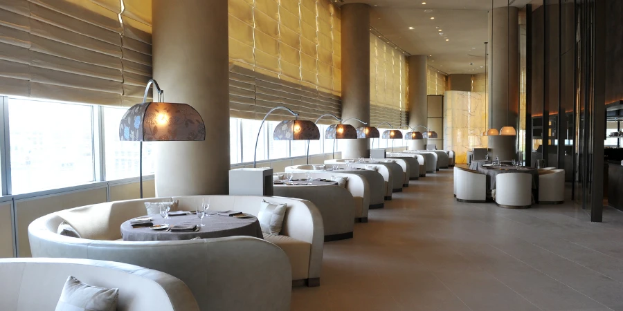 Round seats and elegant atmosphere in the Armani restaurant in Tokyo