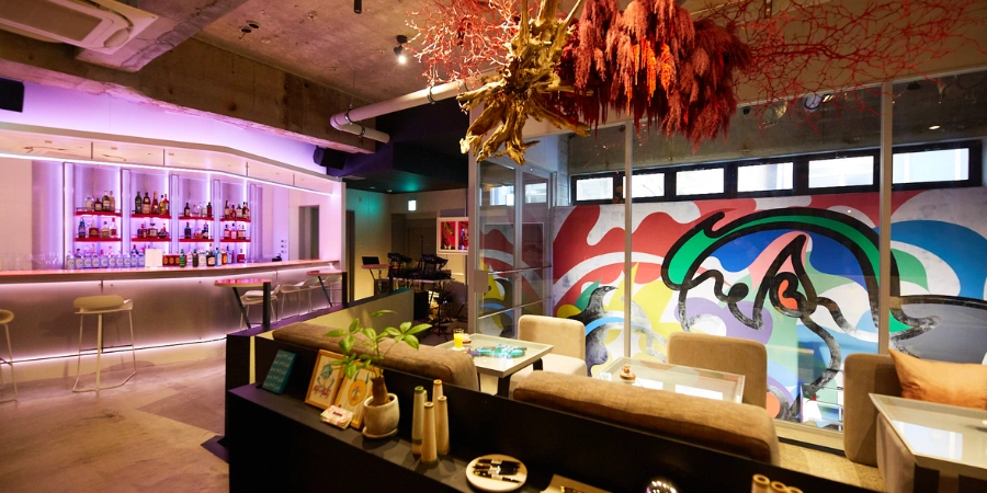 Colourful lobby at BnA Hotel in Koenji