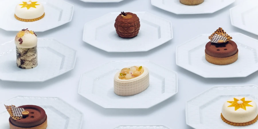 Plated cakes and desserts from the Dior cafe in Tokyo