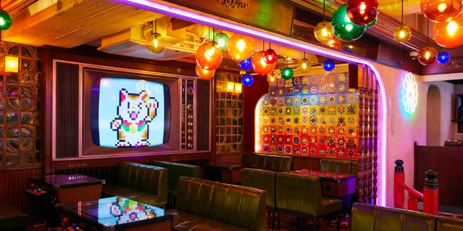 Interior of Coffee Zingaro in Tokyo, with neon lights and a large pixelated screen