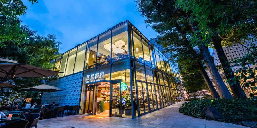 Bright Starbucks cafe in the Tsutaya Books building