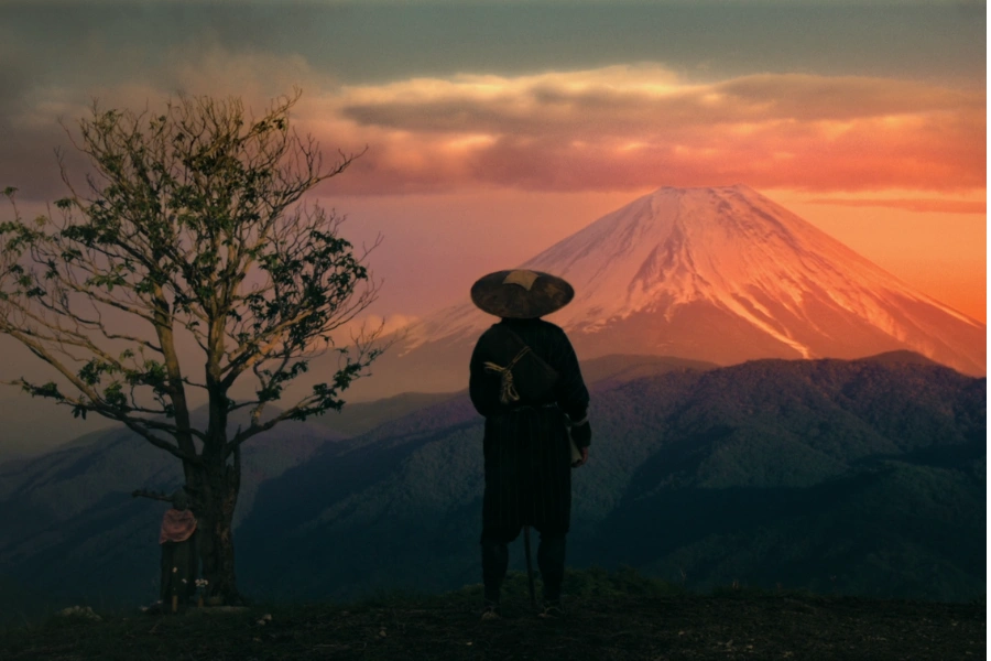 Japanese man, overlooking mt fuji, at dusk