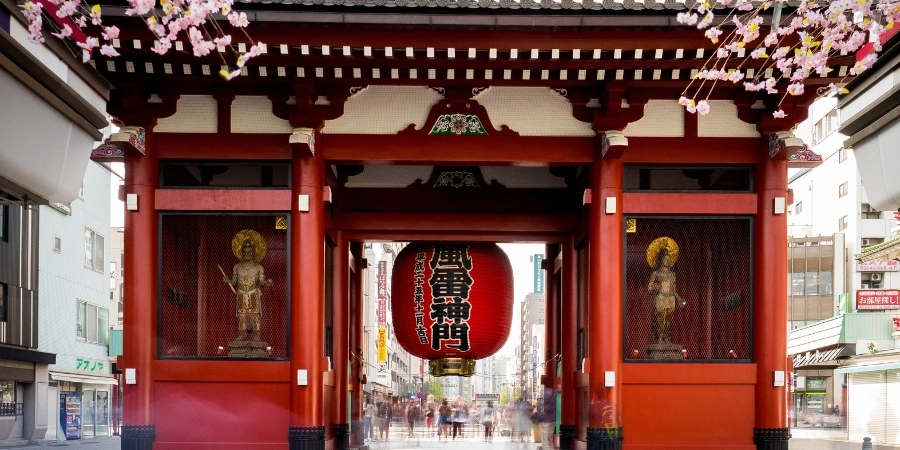 Kaminarimon Gate, with cherry blossoms near the roof of the gate