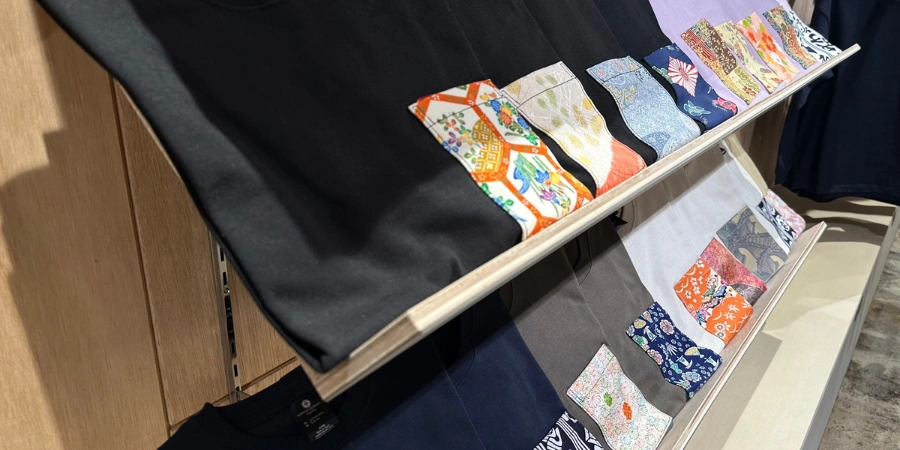 t-shirt selection at Kimono REborn that upcycles kimono fabric to be combined with high quality tshirts and apparell