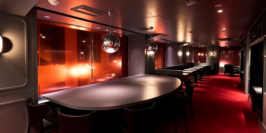 Red and white interior of the Onitsuka Tiger Cafe in Tokyo