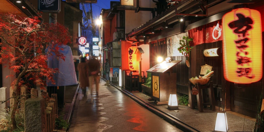 A quiet alley in Kyoto at night