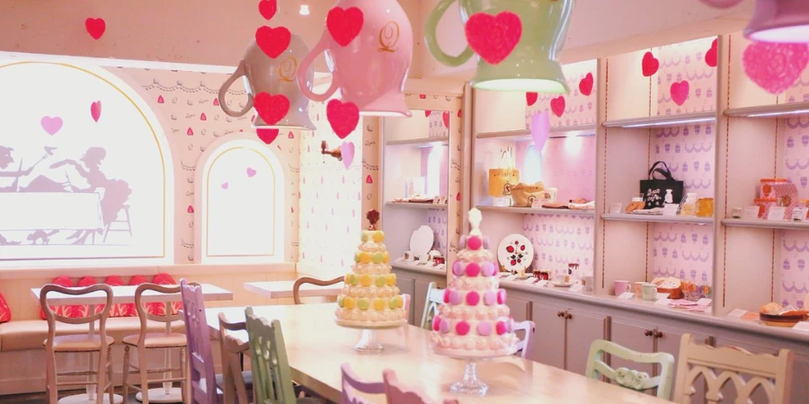 Bright pink interior of Q-pot cafe in Tokyo