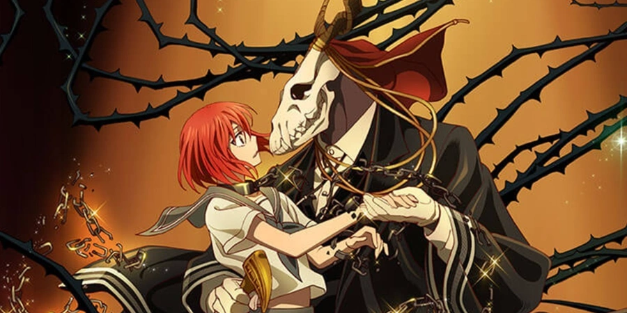 Chise Hatori dancing with Elias Ainsworth in a dark fantasy setting, mystical anime scene with magical creature and gothic atmosphere.