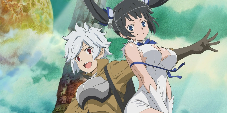 Bell Cranel and Hestia posing together in DanMachi anime, fantasy adventure characters with dungeon exploration theme and vibrant magical background.