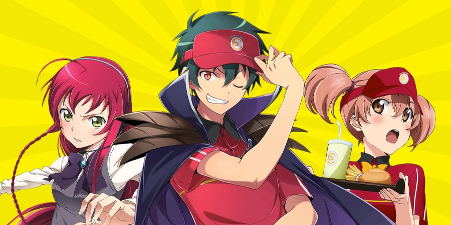 Sadao Maou and characters in fast food uniforms, comedic anime scene from The Devil is a Part-Timer blending fantasy demons with modern workplace humor.