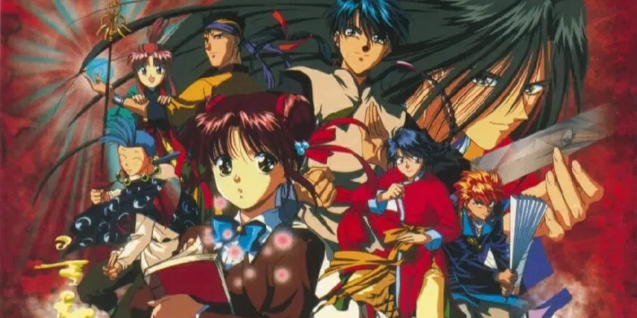 Group of main characters from Fushigi Yuugi including Miaka and Tamahome, colorful 90s fantasy anime ensemble with mystical warriors and romantic adventure theme.